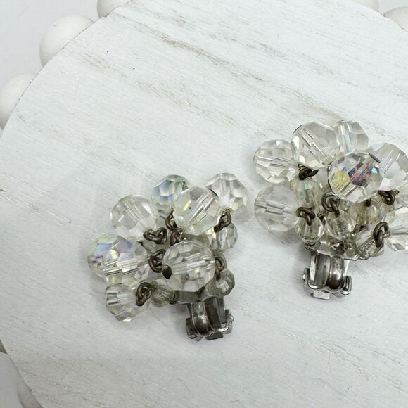 Vintage MCM Aurora Borealis AB Faceted Crytal Cluster Cha Cha Clip On Earrings - Picture 14 of 14